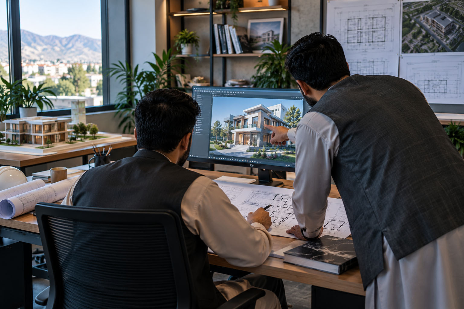 3D Visualization process Soholat architecture team reviewing 3D building visualization during design planning