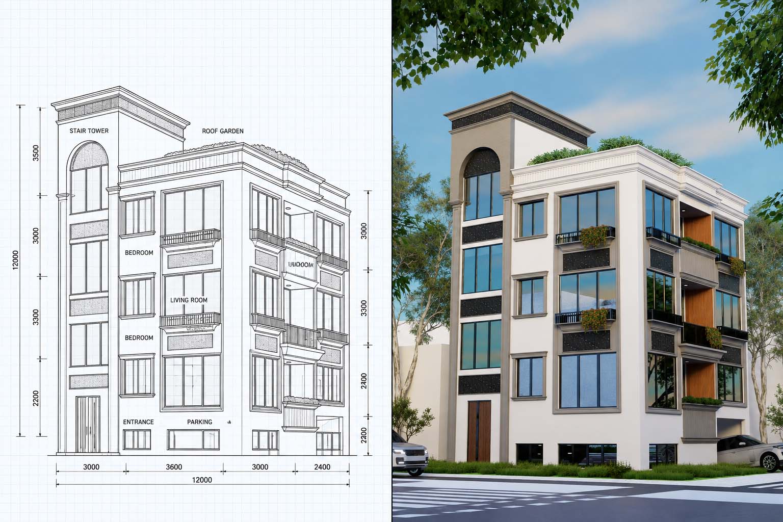 Blue Print Vs 3D visualization Comparison of 2D architectural blueprint and photorealistic 3D visualization of the same Building