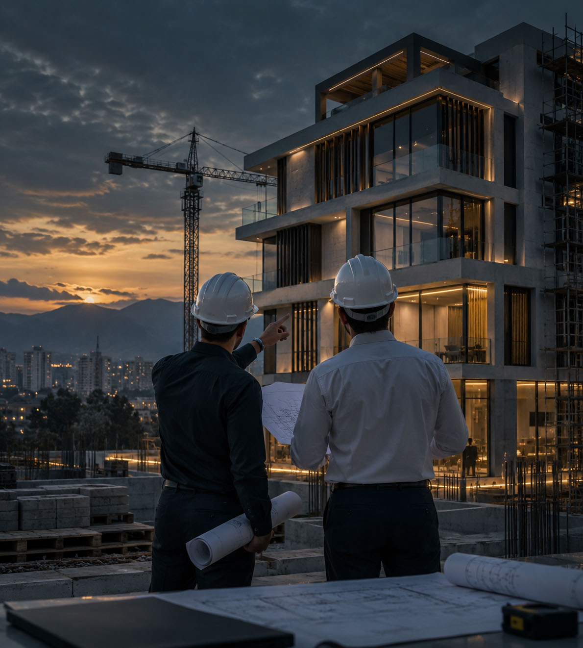 Soholat engineers reviewing a modern building construction project
