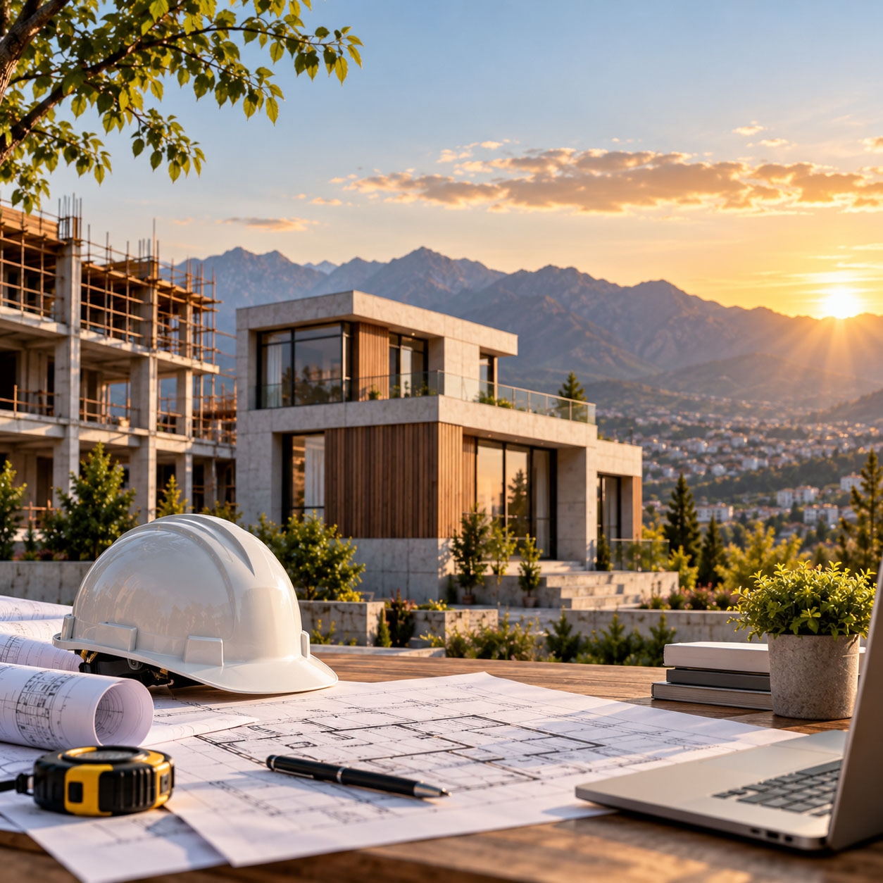 Modern architecture and construction project with blueprints and hard hat